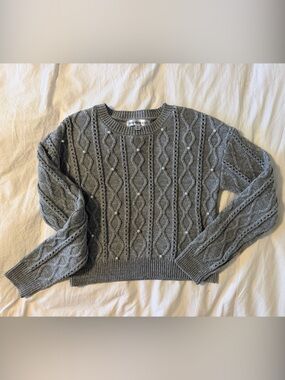 Madden Girl Gray Cable Knit Sweater with Pearl Details
